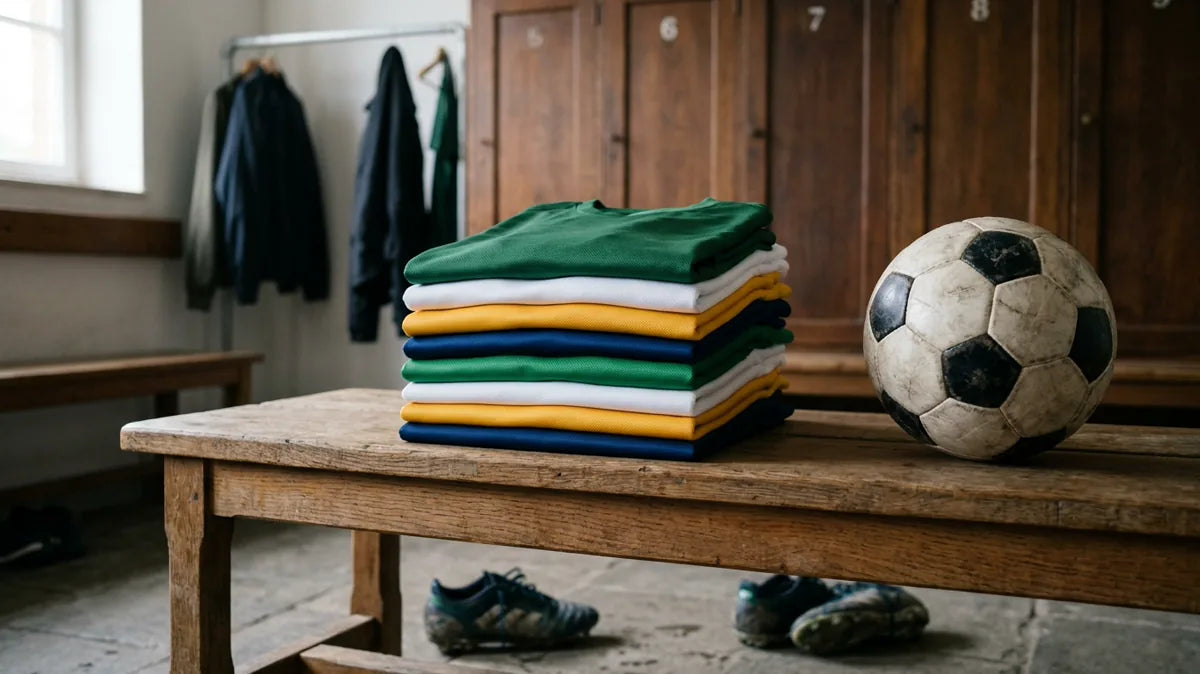 Gefaltete Fußballtrikots in einer Umkleidekabine neben einem Ball