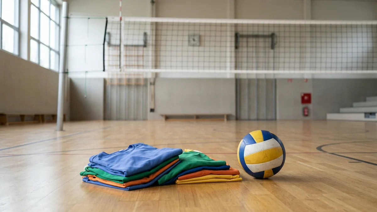 Gefaltete Volleyball-Trikots neben einem Ball in einer Sporthalle