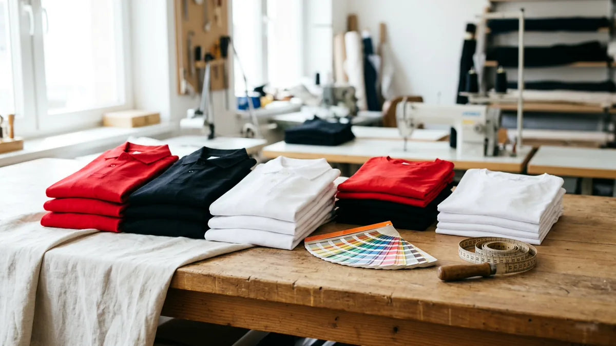 Gefaltete Arbeitsshirts in verschiedenen Farben auf einem Tisch mit Farbmustern